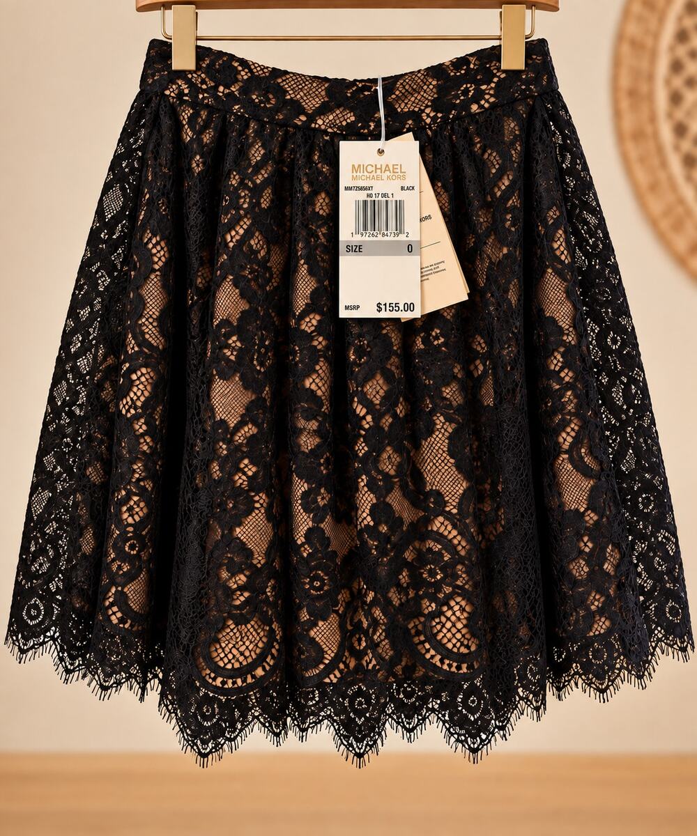 Michael Kors Black Lace Pleated A-Line Skirt Size 0 NWT